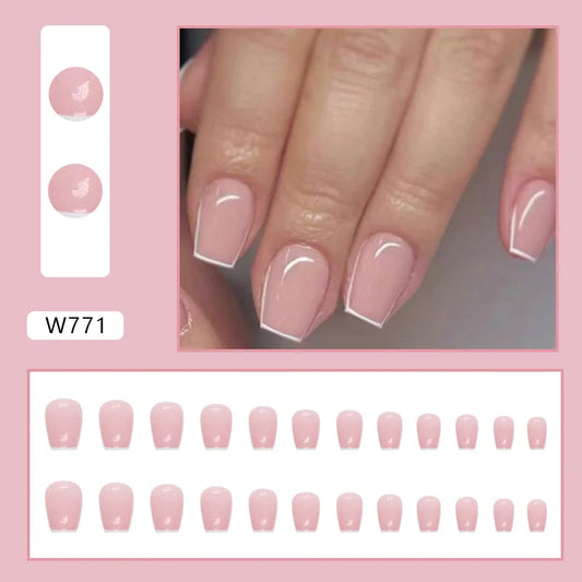 Minimalist Simple French Pink White Lines Ballet False Fake Nail Tips Finished Full Cover Glue for Manicure Press on Nail Woman