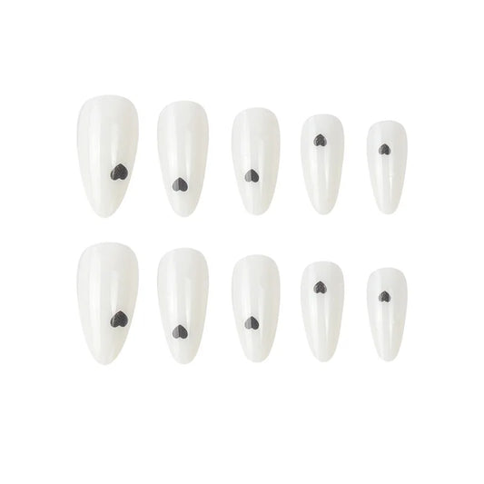 24 pezzi bianchi neri piccoli amore gocce un chiodo a mandorla semplice arte francese unghie finte che indossano una stampa riutilizzabile su unghie falsi