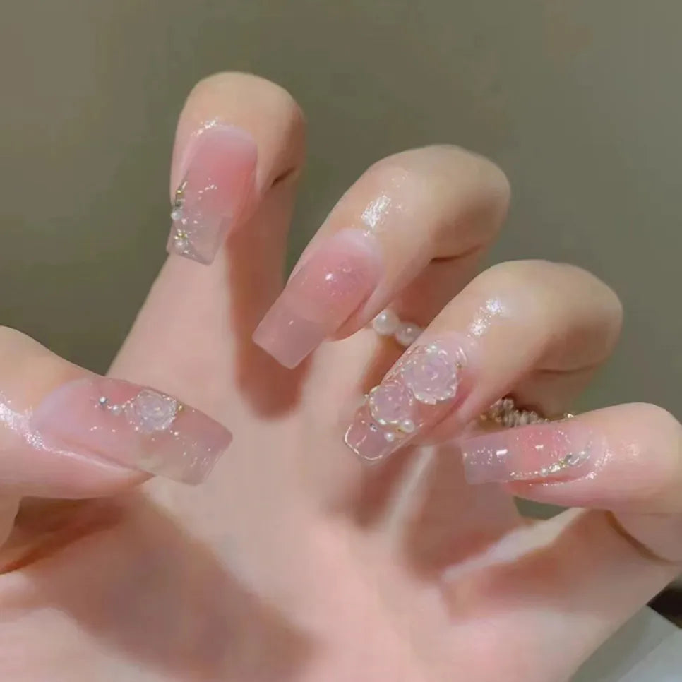 24pcs coreanos 3D em relevo Camellia Press on Nails art