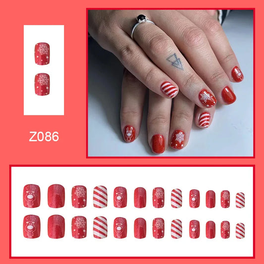Korta röda falska nagelips ins jul snöflinga mönster falska naglar lapp bärbara fullt omslag konstgjorda naglar julklappar