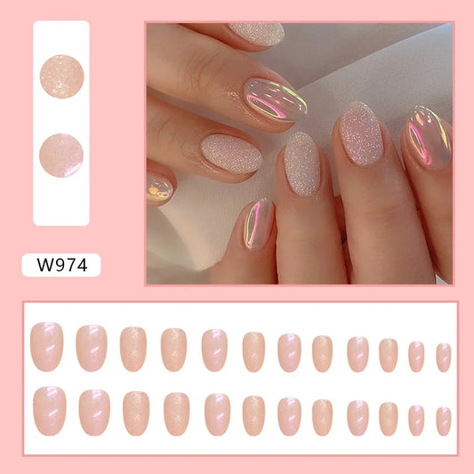 24st Fake Nails Short Almond Shape Nail Art Wearing Aurora Glitter False Nails With Designs Full Cover Press On Round Nail Tips