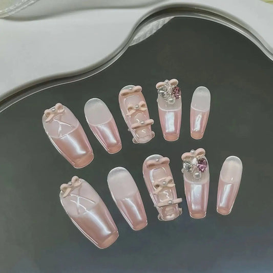 Handmade Nails Pink Ballerina False Nails with Bow Design French False Nails Tips Wearable Rhinestone Artificial Press on Nails