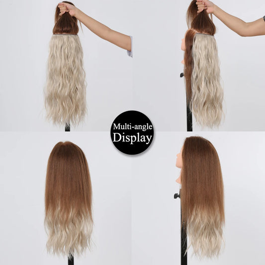 Synthetic Invisible Clip in Hair Extensions Blonde Long Natural Wavy One Piece False Hairpiece for Women Fish Line Fake Hair