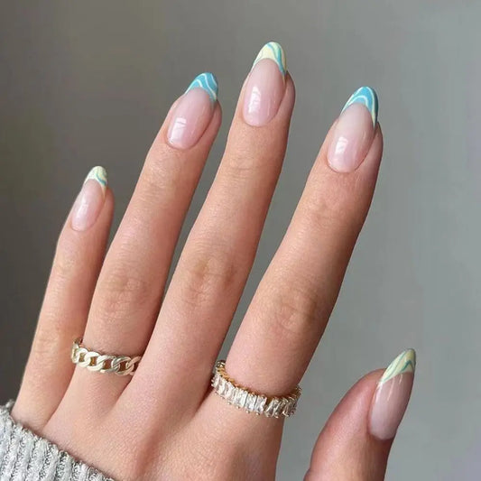 24 st mandel falska naglar korta franska blå design konstgjorda ballerina falska naglar med lim fullt omslag nagelspress på naglar