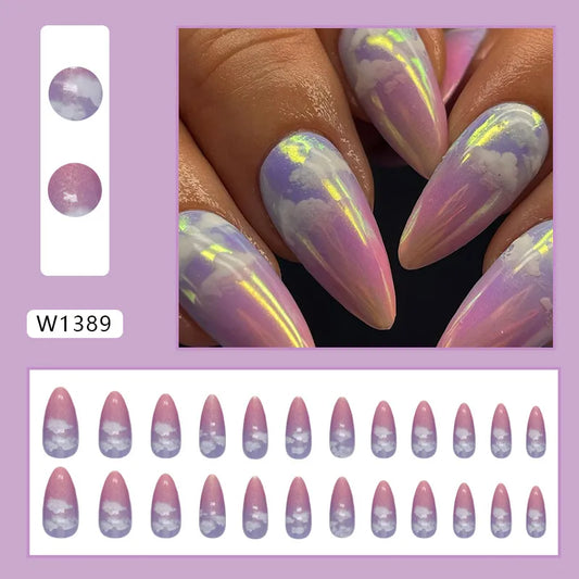 24pcs Aurora Cloud Match Faux Nails Gradient rose violet faux pointes ongles fille portable couverture complète de tête d'amande appuyez sur les ongles