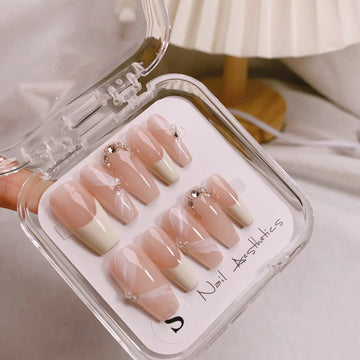 10pcs handmade white French gentle style false nails with rhinestones full cover ballet fake nails set press on coffin long tips