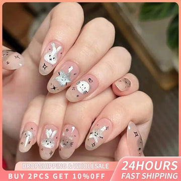 24pcs  Cute Fake Nails Rabbit Star Designed Short Almond False Nail Art Detachable Full Cover Press On Nail Tips Decorations