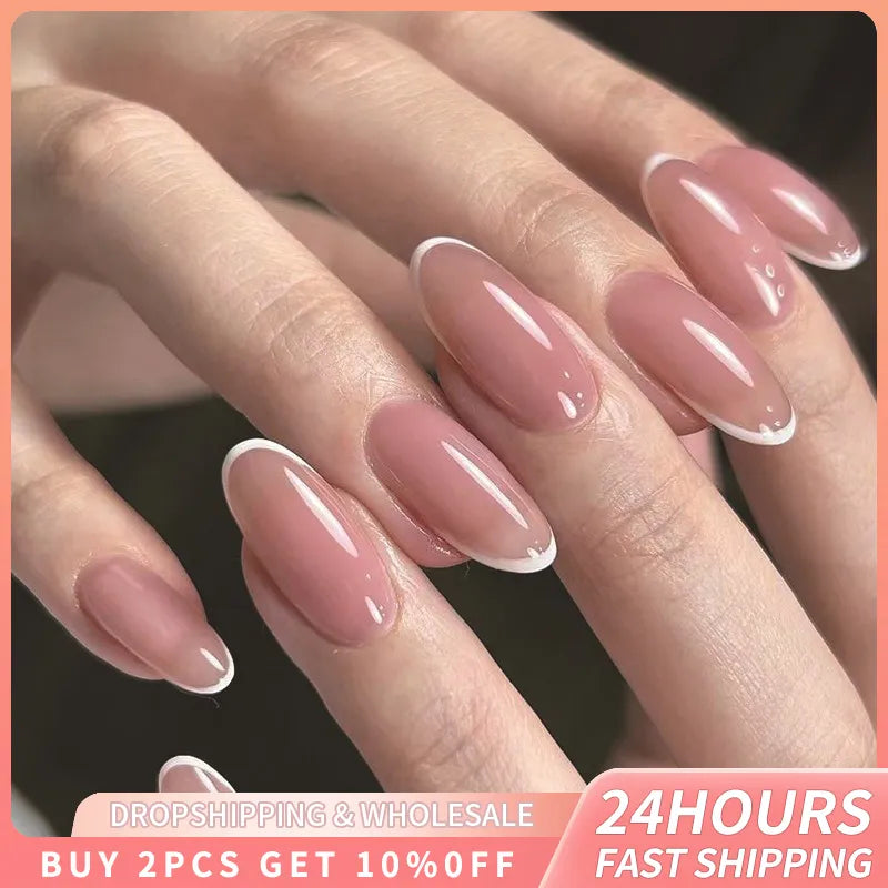 24 pezzi bianchi in stile francese in stile francese Pressa ovale su unghie avanzata semplice indossabile Falso unghie Full Cover manicure
