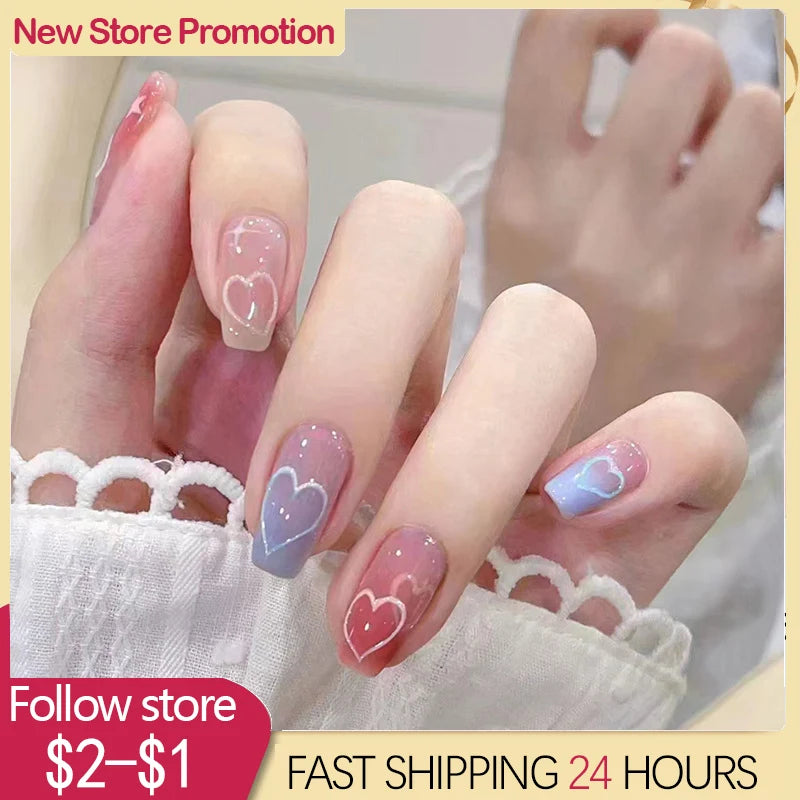 24 -stks hartkist schattig kawaii press op nagel tips afgewerkt Volledige hoes kunstmatige nep nagels naadloze herbruikbare valse nagels