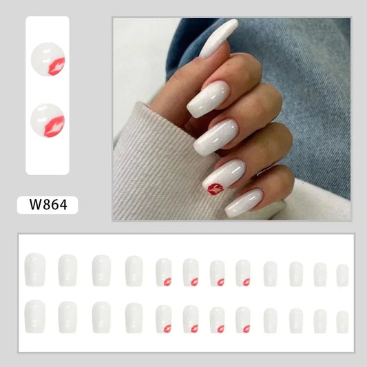 Hot Sexy Girl Simple Glossy Pure White Red Lip Long Coffin Fake Nail Tips Full Finished False Nail Press on Glue Manicure Woman