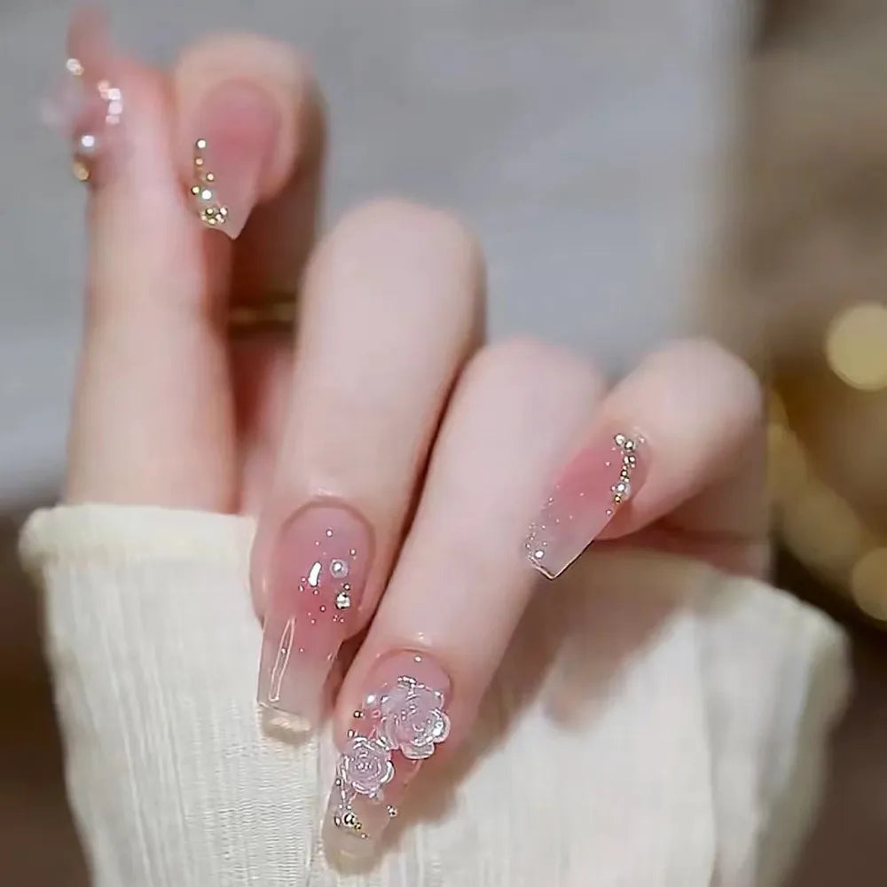Glansig medium lång kista tryck på naglar rosa glitter blomma mönster falska naglar med strass glänsande konstgjorda falska naglar