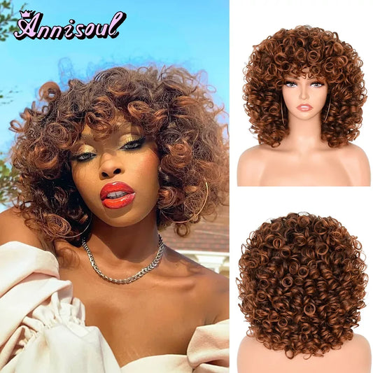 ANNISOUL Short Hair Afro Kinky Curly Wigs With Bangs For Black Women Fluffy Synthetic African Brown Blonde Cosplay Natural Wigs