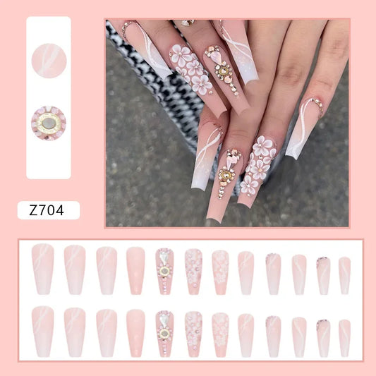 24Pcs Pink Long Ballet White Flower False Nails Gradient with Rhinestones French Design Wearable Fake Nails Press on Nail Tips