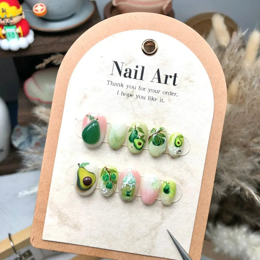 10Pcs Handmade Manicure Short Almond Fake Nails 2024 Cute Avocado Limite Nails Press On Nails Design with Adhesive Nail File Set