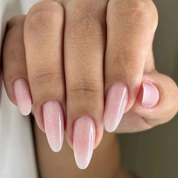 24 piezas Glitter Simple Pink Fanis uñas con pegamento de gelatina Cabeza redonda ALMENDA UIMOS Falsos Manicure Presiona portada de cubierta completa en uñas