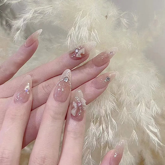 30 stks glanzend poeder valse nagels zoete Koreaanse boog strass decor decor pers op nagels volledige dekking draagbare acryl nagels patch voor dame
