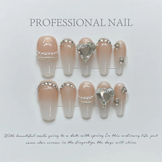 Handmade Medium-length Coffin Press on Nails with Heart Rhinestone Kawaii Japanese Reusable Wearable Manicure Fake Nail Art Tips