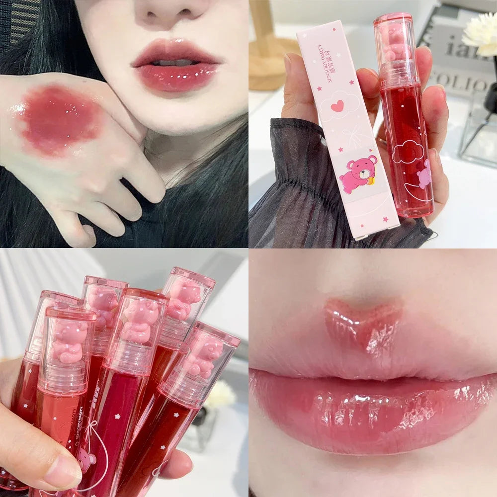 6 Colors Cute Bear Crystal Glossy Lip Glaze Transparent Jelly Lip Gloss Water Mirror Liquid Lipstick Lips Makeup Korean Makeup