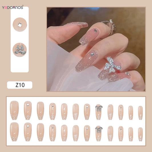 24pcs Glossy Bowknot Fake Nails With Glitters Diamond Press On Nails Full Cover False Nails For Women DIY Manicure Salon Gift