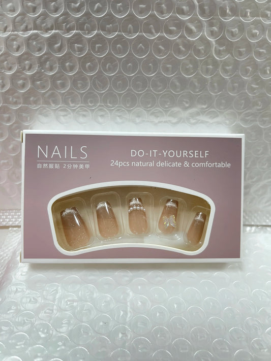 24pcs/Box High Quality Wearable Artificial Korean Nail With Butterfly Finished Fake Nails Patch Full Cover Removable Nail Tips