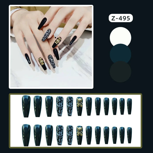 24Pcs Artificial Square Head Black gold bear nail art fake nails finished Long Ballerina Press On Nails Removable False Nail Tip