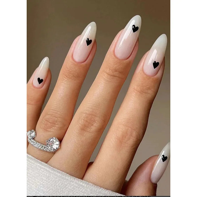 24 pcs White black small love drops almond nail simple French  Art Fake Nails Wearing Reusable Press on False Nails