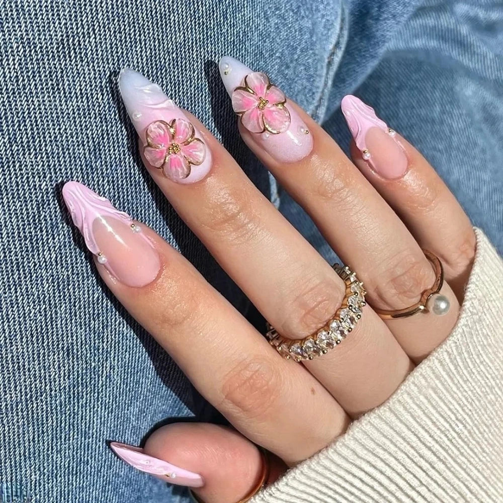 10Pcs Handmade Manicure Medium Almond Fake Nails 2024 New Cute Flower Limited Press On Nails Design with Adhesive Nail File Set