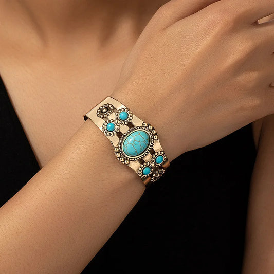 Armband för kvinnor retro geometrisk turkos metall öppen armband ol semester present mode smycken handtillbehör b046