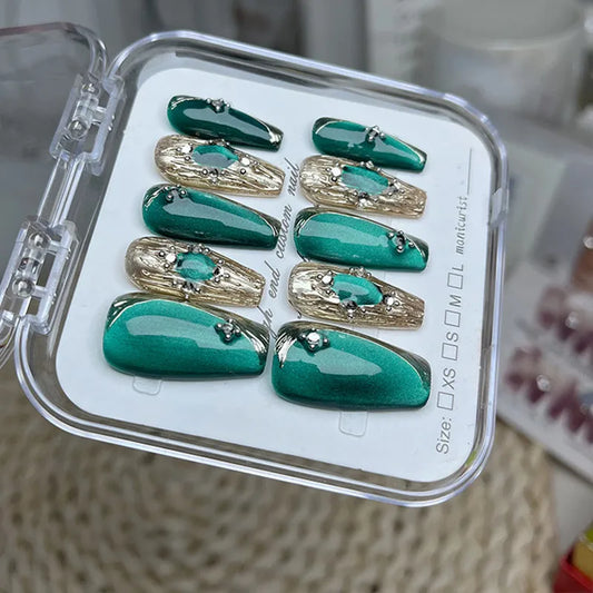 10 Pcs Wearing False Nails Fake Nails Pure Handmade 【Emerald】 Complimentary Nail Enhancement Kit