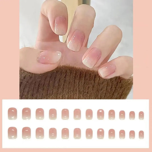 24 -stcs/doos glanzende roze oranje gradiënt valse nagels korte lengte snewalen nep nagel herbruikbaar draagbaar voor vrouwen meisje