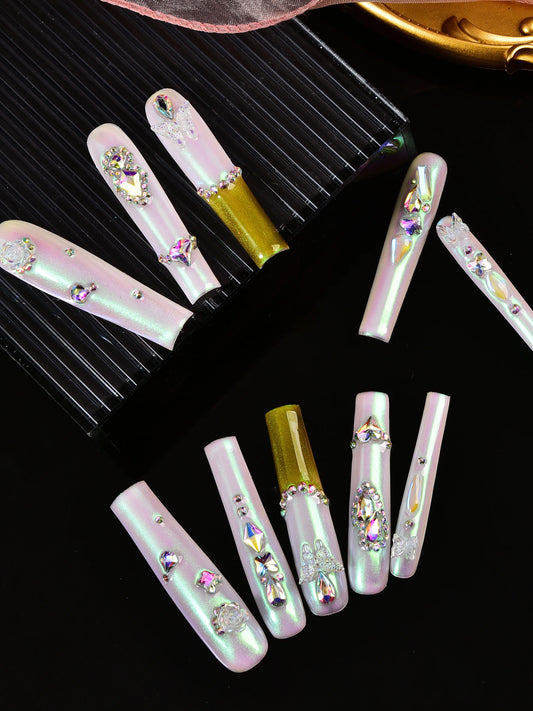 Detachable nail patches, press on fake nails, decorated with broken diamonds, butterflies, flowers, and shaped diamonds