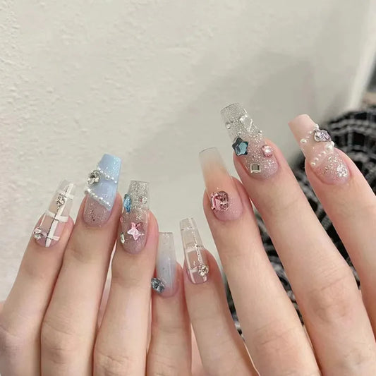 24 -stam amandelpress op nagels y2k star diamant ontwerpen voor coole meisjes naakt kleur nep nagels voor vrouwen fukk cover valse nagel tips