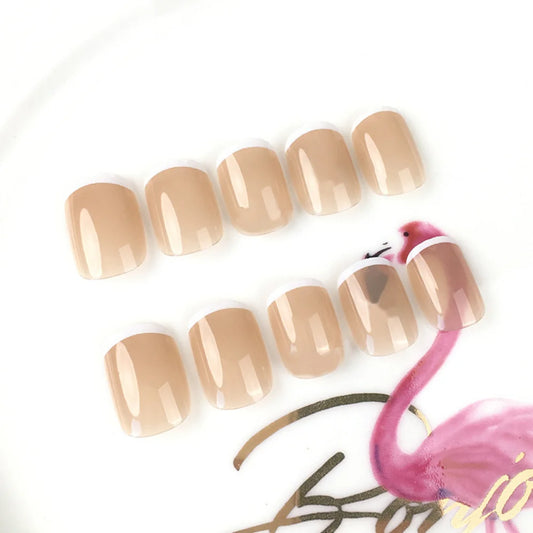 24Pcs of French short nail art  Fake Nails nude color wearable patch removable Coffin Cute Kawaii Girls Press-On Nails With Glue