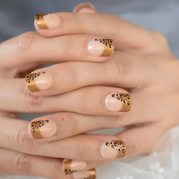 Press On False Nails Leopard Print Design Medium Length Fench Style Glossy Artificial Nails Lady Women Square