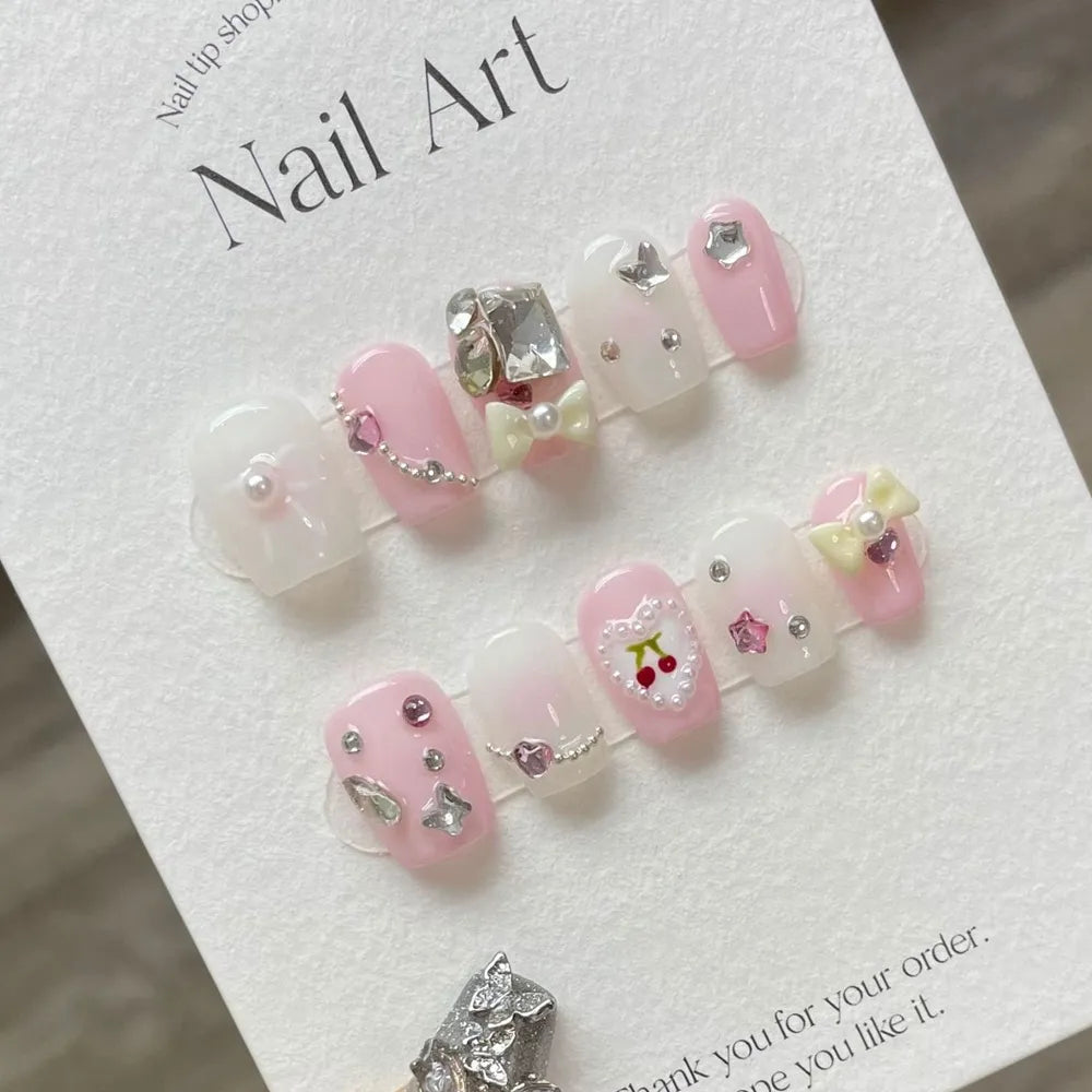 Handmade Cute Nails Set Press on Short with Pearls Kawaii Cherry Fairy Korean Reusable Adhesive False Nails Acrylic Nail Tips