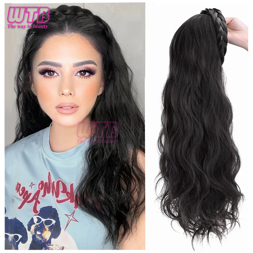 WTB Synthetic Long Wavy Headband Wig Black Brown Women's With Twist Braid Hairband Accessories Natural Half Wig For Women