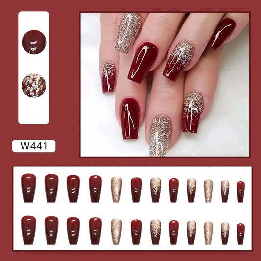 24Pcs/Set Wine Red Long Ballet Fake Nails Gold Glitter Gradient Artificial Removable Acrylic Press on Nails Art Stick on Nails
