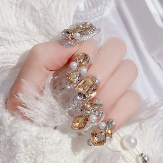 Glitter Crystal Artificial Nails Tips Ins Luxury Girl Bride Nail Art Beauty False Nails with Gold Rhinestone Decor Wearable