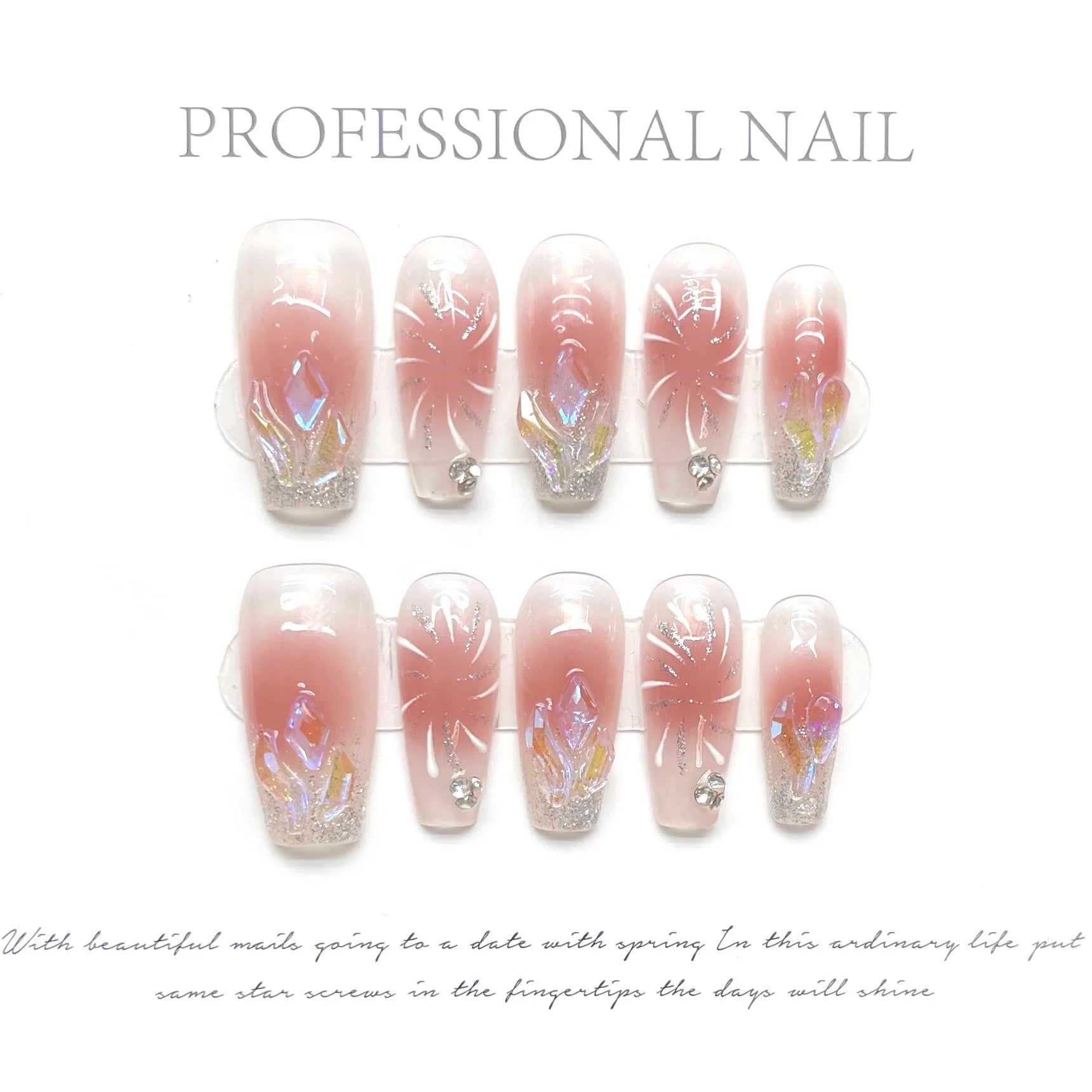 10pcs Feito à mão Pressione em unhas Fireworks de capa completa Design francês False Nails Flor Ice Flor Artificial Manicure Dicas de unhas