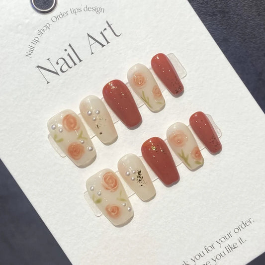 Almondmons Press On Nails Pintura a mano coreana Reutilización Reutilizable Adhesivo Cainas falsas con diseño de manicura artificial acrílica para niñas