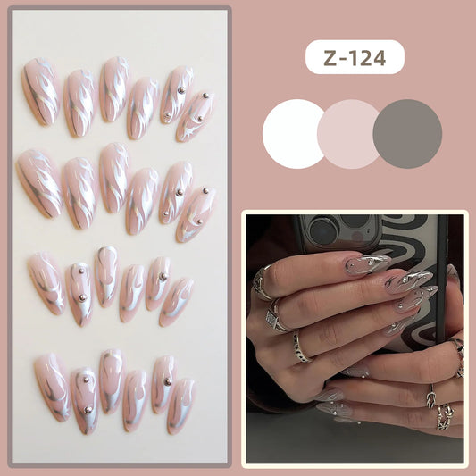 Wearable Silver Stripes Y2k False Nails Long Almond Round Fashion Nail Tips Press On With Silver Beads Designs Fake Nails Art