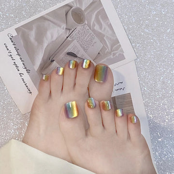 2024 New Toenail Flash Rainbow Cat's Eye Fake Foot Nails Full Cover Press on Feet Nails Square Aurora False Toe Nails Removable