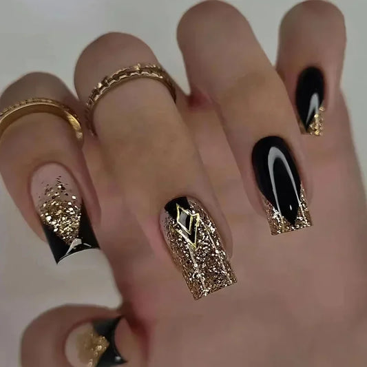 24Pcs detachable Square Head False Nails with Gold Foil Design Press on fake Nails Wearable Black French Glitter artificial nail