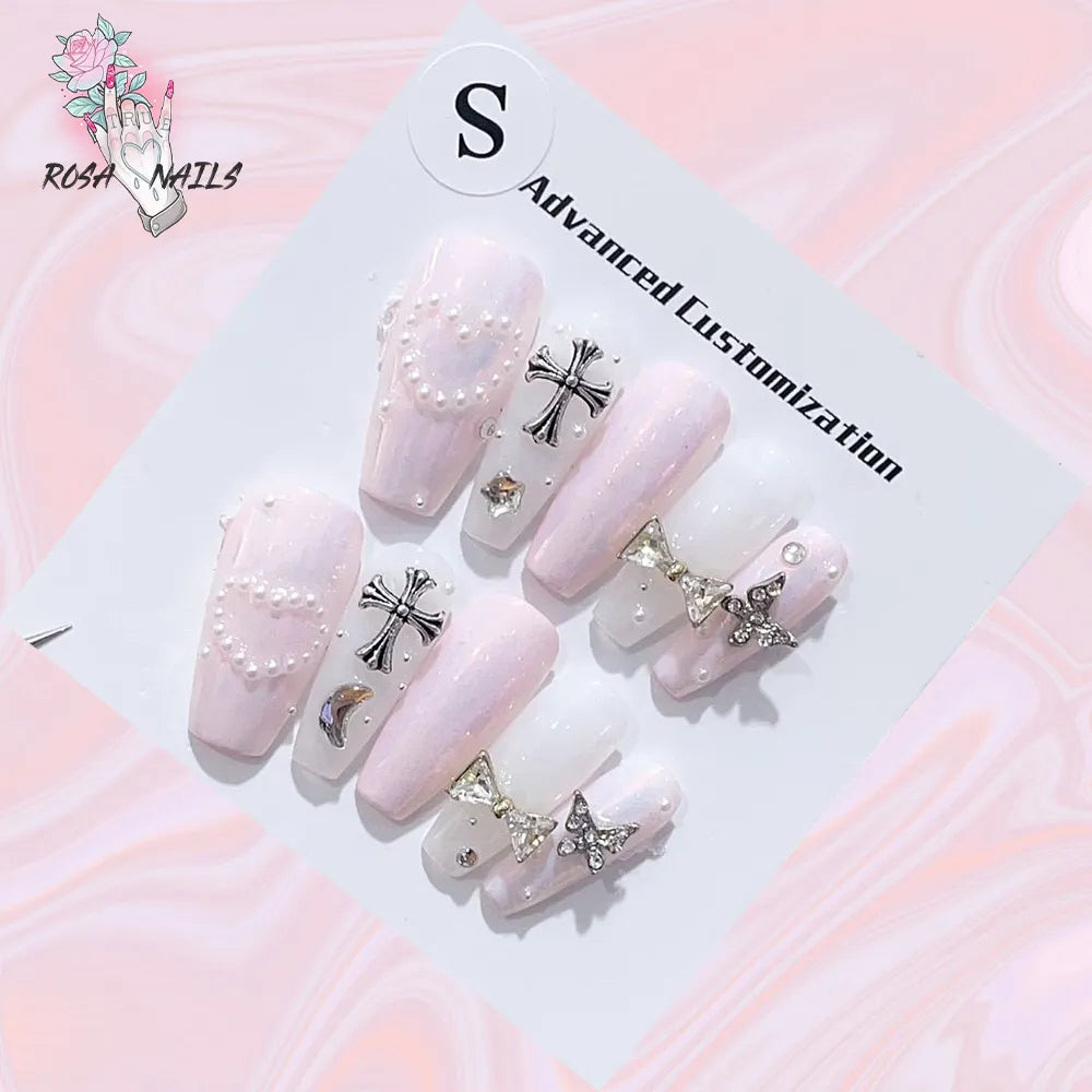 ROSA NAIL Pink Aurora Press on Nails Holographic Tip Mirror Butterfly Bow Cross Charms Handmade Korean Pearl Adhesive False Tips