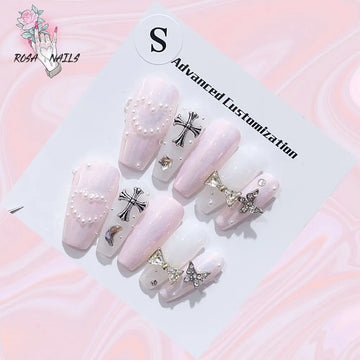 ROSA NAIL Pink Aurora Press on Nails Holographic Tip Mirror Butterfly Bow Cross Charms Handmade Korean Pearl Adhesive False Tips