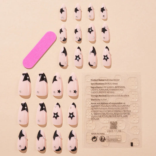 24pcs Black Star False Nail Tips y2k Style Fake Nails Manicure Set Almond False Nail Patch for Girl Women Wearable Full Cover