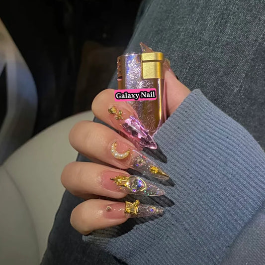 Uña falsa y2k de color rosa rosa hecha a mano con uñas falsas de lujo desmontables puntas reutilizables en uñas arte de manicura de ataúd arte