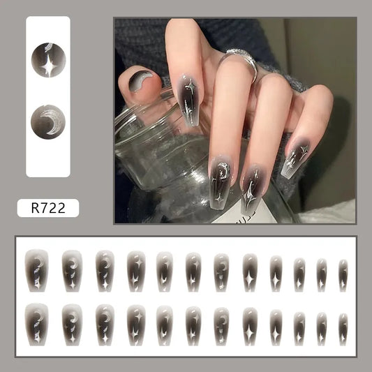 24st Star Moon Y2K Fake Nails Press On Long Coffin Nails Wearable Black Gradient False Nails With Designs Full Cover Nail Tips