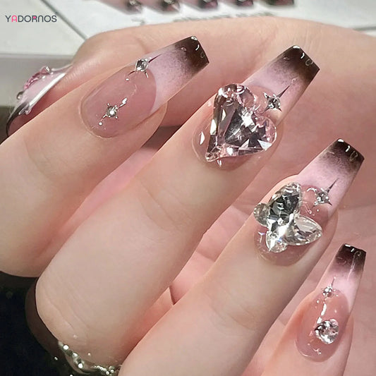 24 st rosa falska naglar y2k stil tryck på naglar stora glittrande strass designer svarta franska tips falska naglar för kvinnor y2k flickor