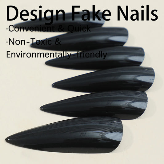 24 pezzi chiodi finti neri lucidi set pressa su punte per unghie solide a stiletto lungo le unghie artificiali per unghie artificiali
